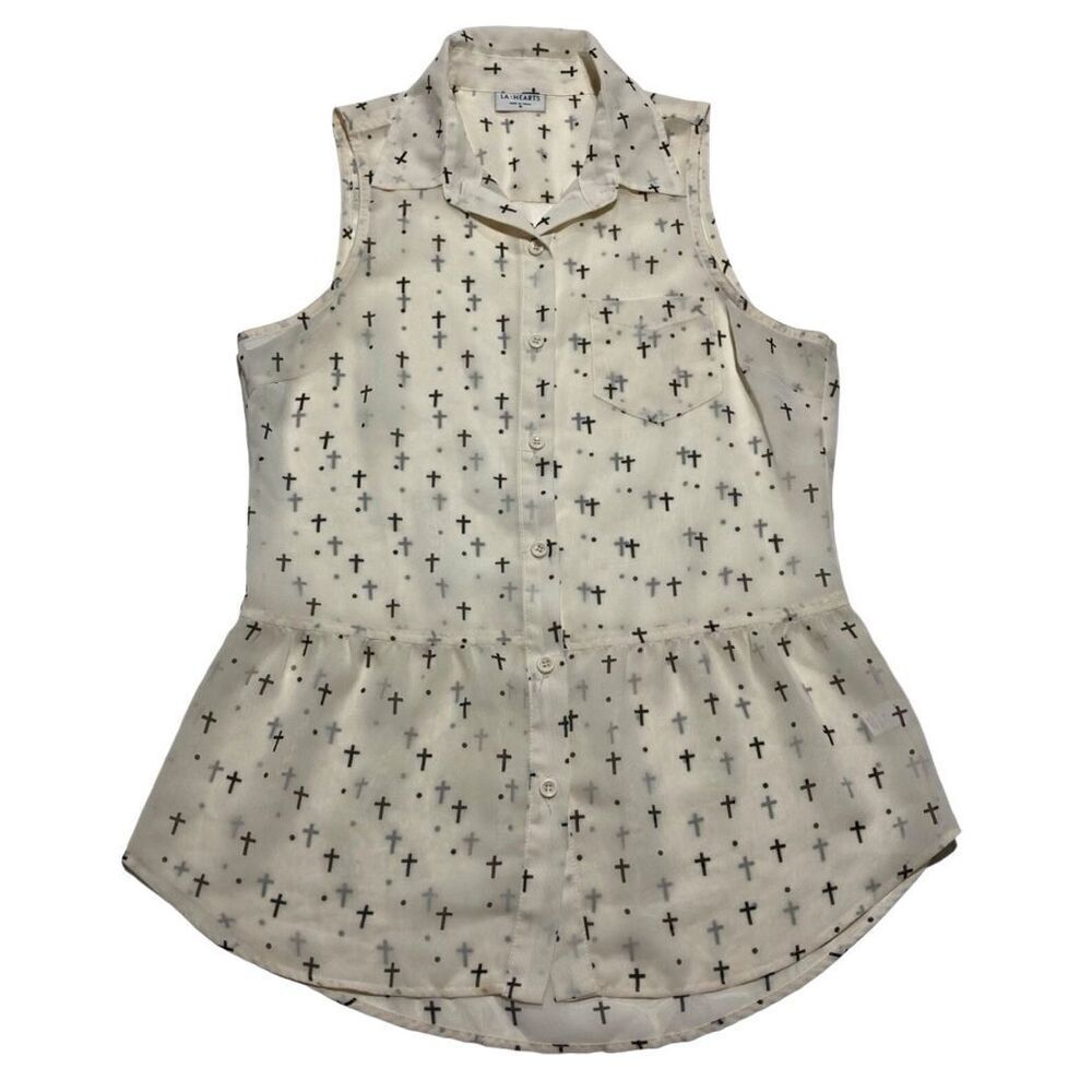 LA Hearts Sheer Peplum Sleeveless Button Up. Ivory with Crosses. Size M
